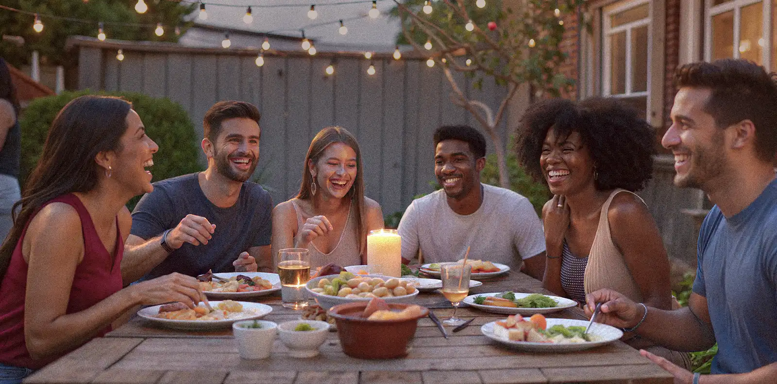 Friends enjoying dinner together outdoors